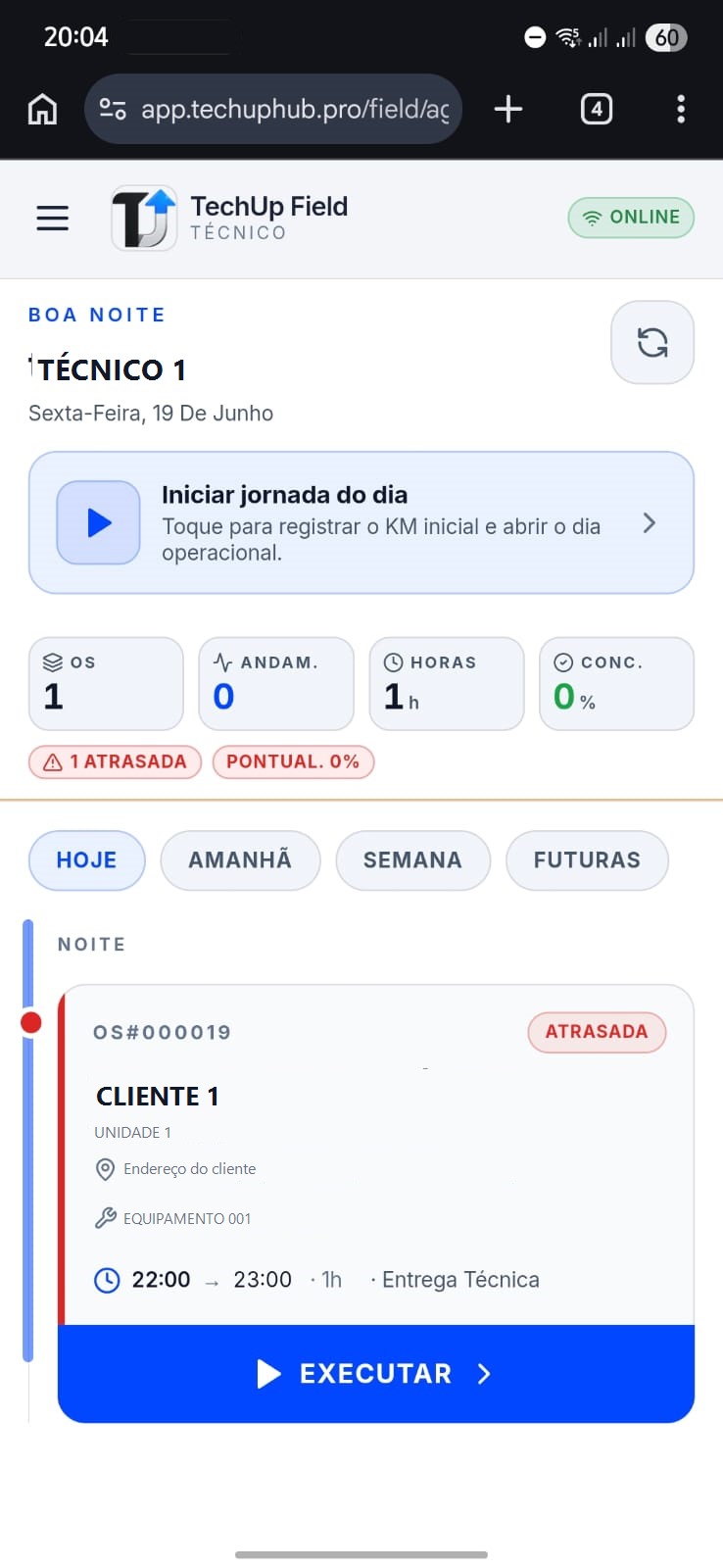 Aplicativo móvel do técnico em campo com a jornada do dia e a ordem de serviço atual