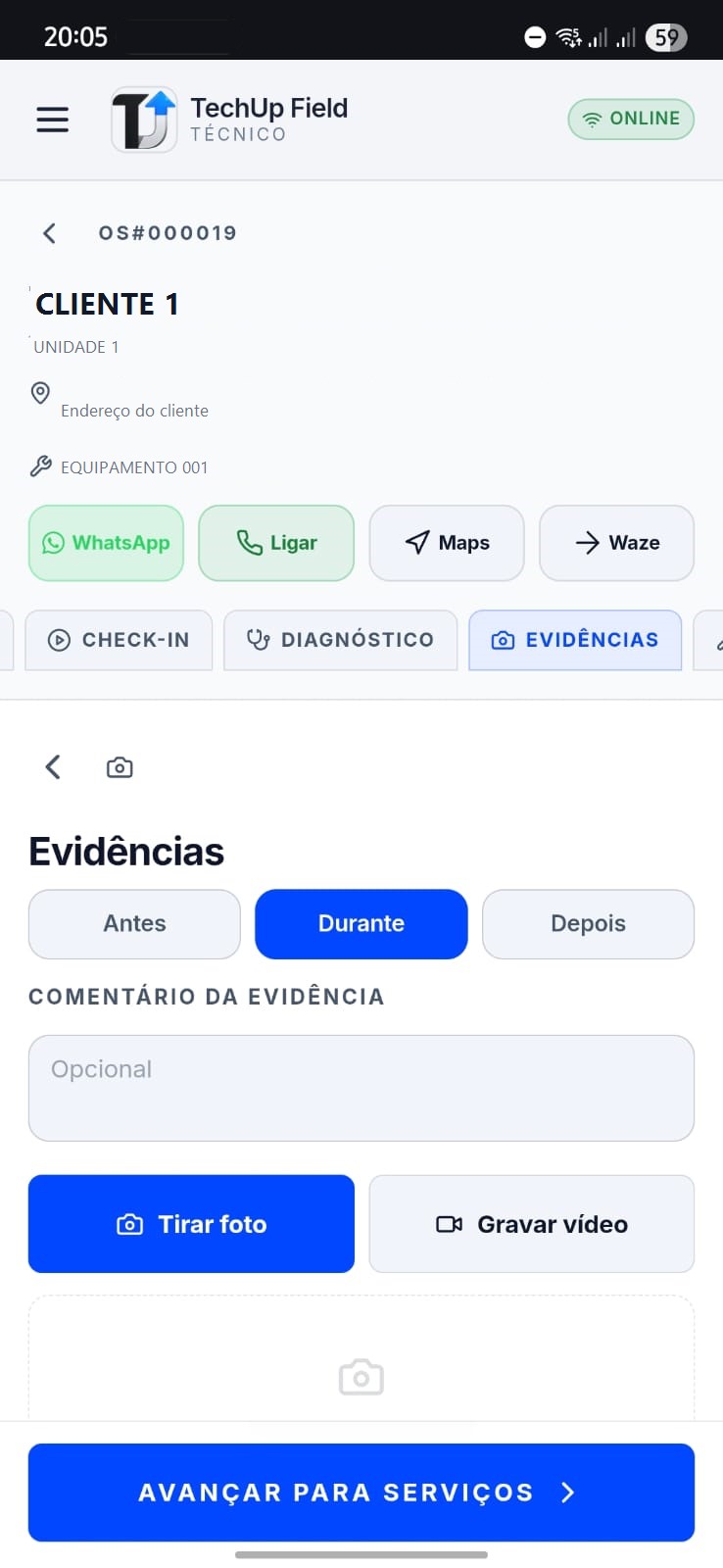 Aplicativo móvel do técnico: detalhe da ordem de serviço com evidências por foto